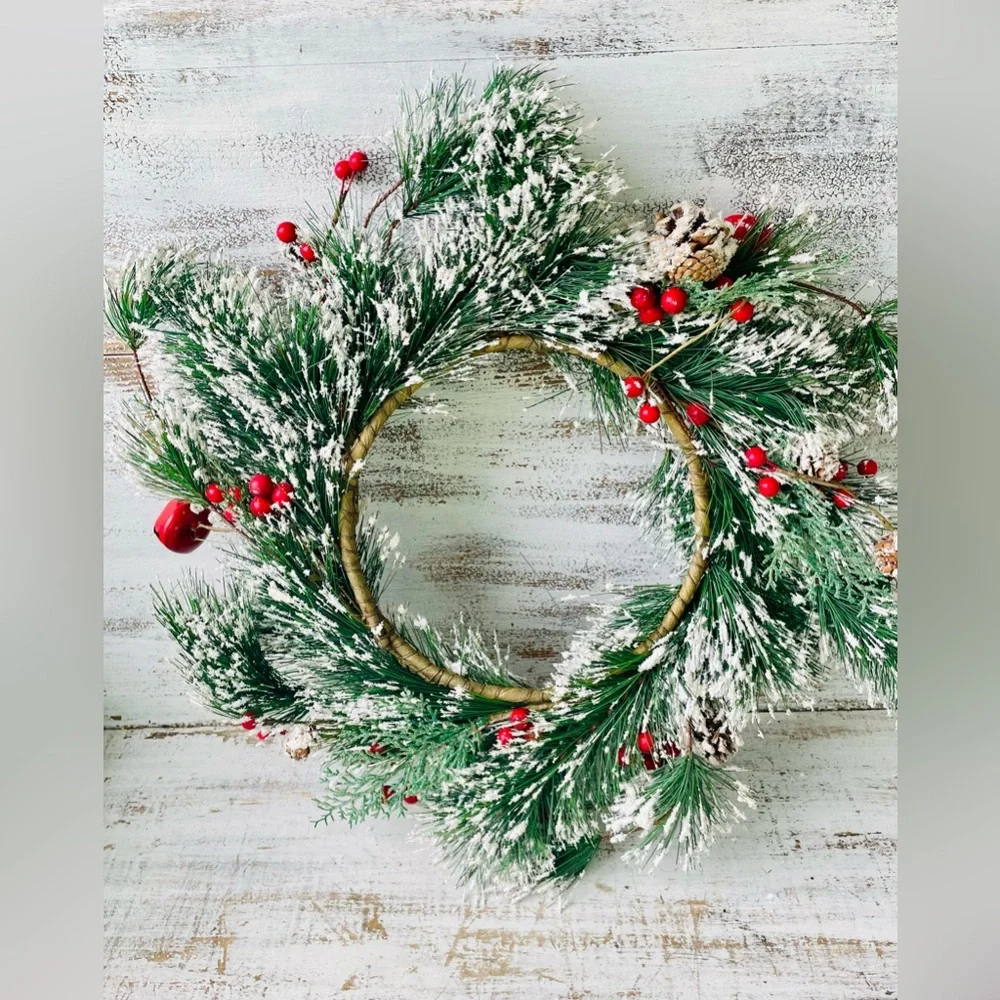 Snowy Pine w/Red Bells & Berries Wreath